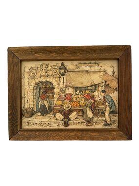 Vintage Anton Pieck 3D Cut Paper Framed Wall Art 1966 Street Side Produce Stand